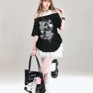 Y2K Style Off-Shoulder Short Sleeve T-Shirt for Women - Loose Fit Two-Piece Summer Top with Slanted Shoulder Design