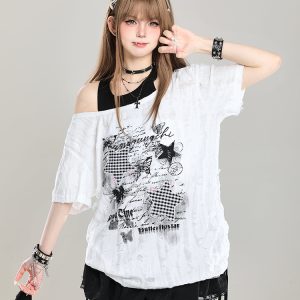 Y2K Style Off-Shoulder Short Sleeve T-Shirt for Women - Loose Fit Two-Piece Summer Top with Slanted Shoulder Design