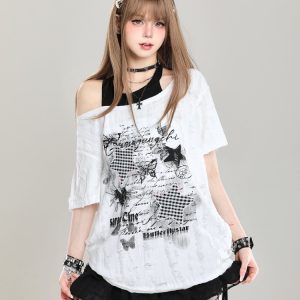Y2K Style Off-Shoulder Short Sleeve T-Shirt for Women - Loose Fit Two-Piece Summer Top with Slanted Shoulder Design