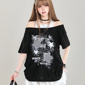 Y2K Style Off-Shoulder Short Sleeve T-Shirt for Women - Loose Fit Two-Piece Summer Top with Slanted Shoulder Design