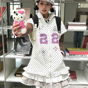 Y2K Style Women's Short Sleeve Dress with Hood, Summer Ruffled Edge, Subculture Millennial Skirt for Trendy Looks