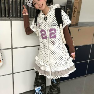 Y2K Style Women's Short Sleeve Dress with Hood, Summer Ruffled Edge, Subculture Millennial Skirt for Trendy Looks