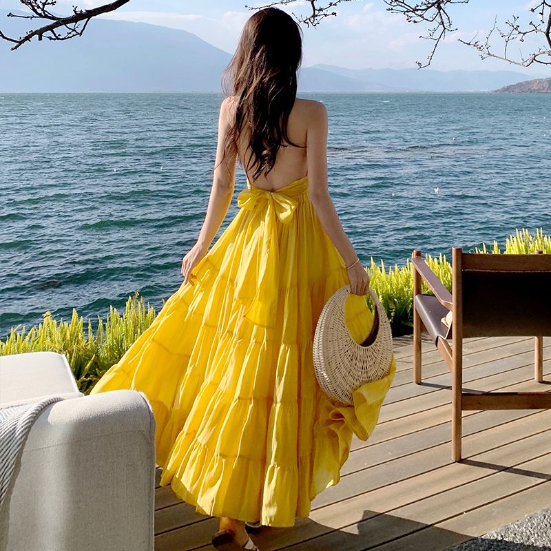 Yellow Backless Beach Vacation Dress, Slimming Long Skirt, French Design, Perfect for Sanya Travel and Summer Getaways