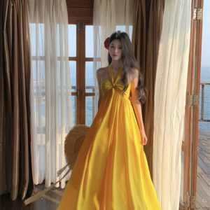 Yellow Backless Halter Dress - Long Beach Skirt for Seaside Vacation - Sexy Summer Style