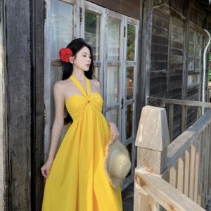 Yellow Backless Halter Dress - Long Beach Skirt for Seaside Vacation - Sexy Summer Style