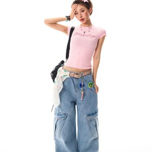 Yellow Rhinestone Short Sleeve T-Shirt for Women, Slim-Fit Cropped Top, Summer Fashion, Trendy Y2K Style