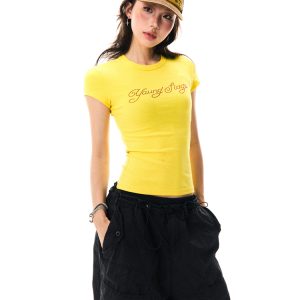 Yellow Rhinestone Short Sleeve T-Shirt for Women, Slim-Fit Cropped Top, Summer Fashion, Trendy Y2K Style