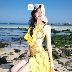 Yellow Ruffled Slim Fit Dress for Women - Summer V-Neck Irregular Skirt, Waist-Defined Hot Girl Style, Perfect for Y2K and 90s Fashion