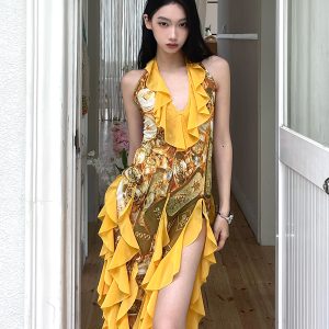 Yellow Ruffled Slim Fit Dress for Women - Summer V-Neck Irregular Skirt, Waist-Defined Hot Girl Style, Perfect for Y2K and 90s Fashion