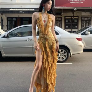 Yellow Ruffled Slim Fit Dress for Women - Summer V-Neck Irregular Skirt, Waist-Defined Hot Girl Style, Perfect for Y2K and 90s Fashion