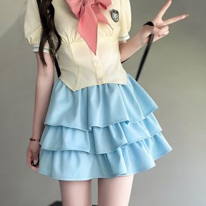 Yellow Short-Sleeve Sailor Suit JK Uniform Set with Waist-Cinching Design - Cute Pudding Bear Inspired Look for Y2K Style