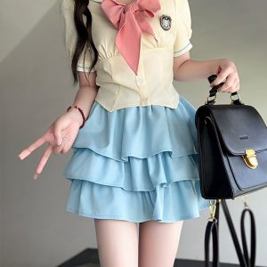 Yellow Short-Sleeve Sailor Suit JK Uniform Set with Waist-Cinching Design - Cute Pudding Bear Inspired Look for Y2K Style