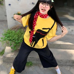 Yellow Short Sleeve T-Shirt for Women - Summer Lazy Cat Print, Loose Fit Round Neck Top, American Style, Casual Everyday Wear