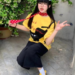 Yellow Short Sleeve T-Shirt for Women - Summer Lazy Cat Print, Loose Fit Round Neck Top, American Style, Casual Everyday Wear