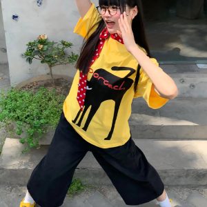 Yellow Short Sleeve T-Shirt for Women - Summer Lazy Cat Print, Loose Fit Round Neck Top, American Style, Casual Everyday Wear