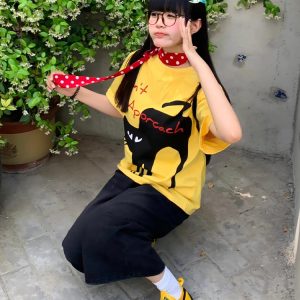 Yellow Short Sleeve T-Shirt for Women - Summer Lazy Cat Print, Loose Fit Round Neck Top, American Style, Casual Everyday Wear