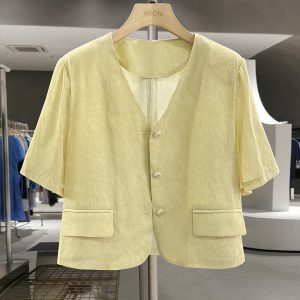 Yellow Small Check Lightweight Suit Jacket for Women, Elegant V-Neck Short Cardigan, 2025 Summer Korean Style Fashion