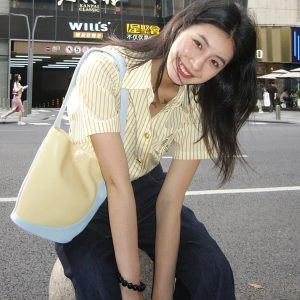 Yellow Striped Short-Sleeve T-Shirt for Women - Retro American Style, Summer Vacation Top, Trendy Instagram Fashion