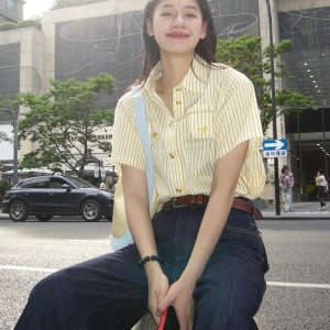 Yellow Striped Short-Sleeve T-Shirt for Women - Retro American Style, Summer Vacation Top, Trendy Instagram Fashion