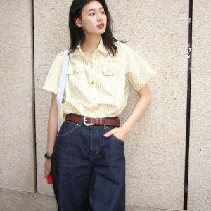 Yellow Striped Short-Sleeve T-Shirt for Women - Retro American Style, Summer Vacation Top, Trendy Instagram Fashion