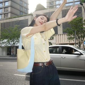 Yellow Striped Short-Sleeve T-Shirt for Women - Retro American Style, Summer Vacation Top, Trendy Instagram Fashion