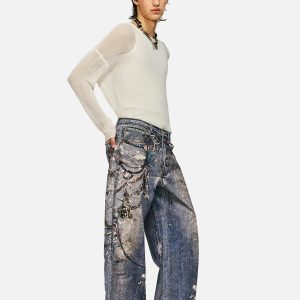 Concert Outfit 3D Digital Printed Chain Straight Jeans