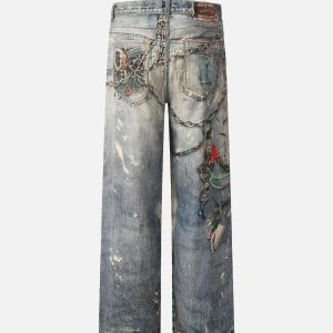 Concert Outfit 3D Digital Printed Chain Straight Jeans