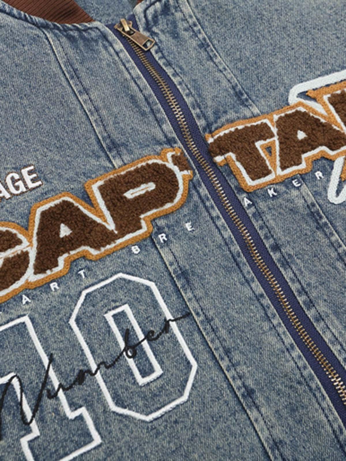 Concert Outfit Alphabet Patch Embroidered Quilted Denim Bomber Jacket Concert Outfit Alphabet Patch Embroidered Quilted Denim Bomber Jacket