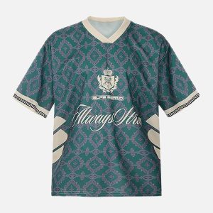 Concert Outfit Always Strive Green Patterned Jersey V-Neck T-Shirt