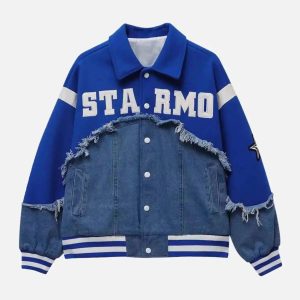 Concert Outfit American High Street Denim Fabric Splicing Baseball Jacket