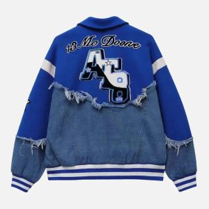 Concert Outfit American High Street Denim Fabric Splicing Baseball Jacket
