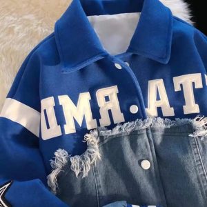 Concert Outfit American High Street Denim Fabric Splicing Baseball Jacket
