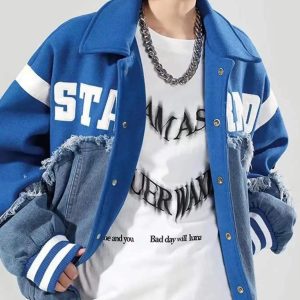 Concert Outfit American High Street Denim Fabric Splicing Baseball Jacket