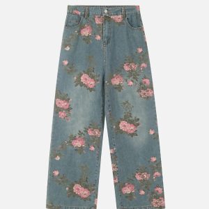 Concert Outfit American Hip-Hop Vintage Rose Jeans
