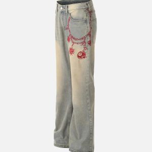 Concert Outfit American Retro Hip-Hop Chain Embroidery Jeans