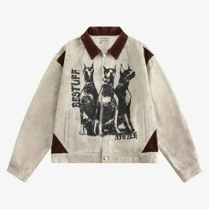 Concert Outfit American Retro Washed Graffiti Patchwork Jacket