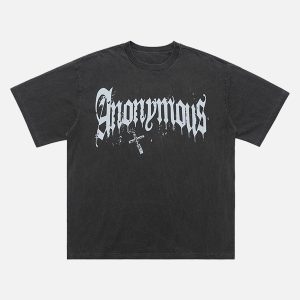 Concert Outfit American Street Heavy Washed Distressed Gothic Cross T-Shirt