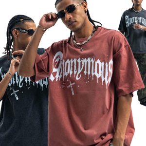 Concert Outfit American Street Heavy Washed Distressed Gothic Cross T-Shirt