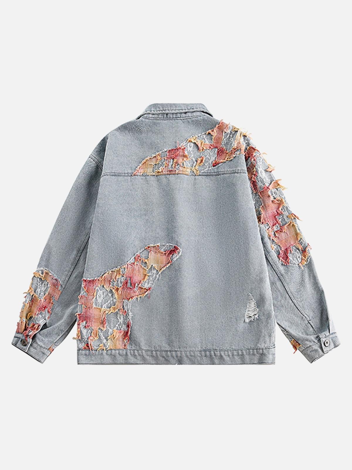 Concert Outfit American Street Style Lace Patchwork Denim Jacket Concert Outfit American Street Style Lace Patchwork Denim Jacket