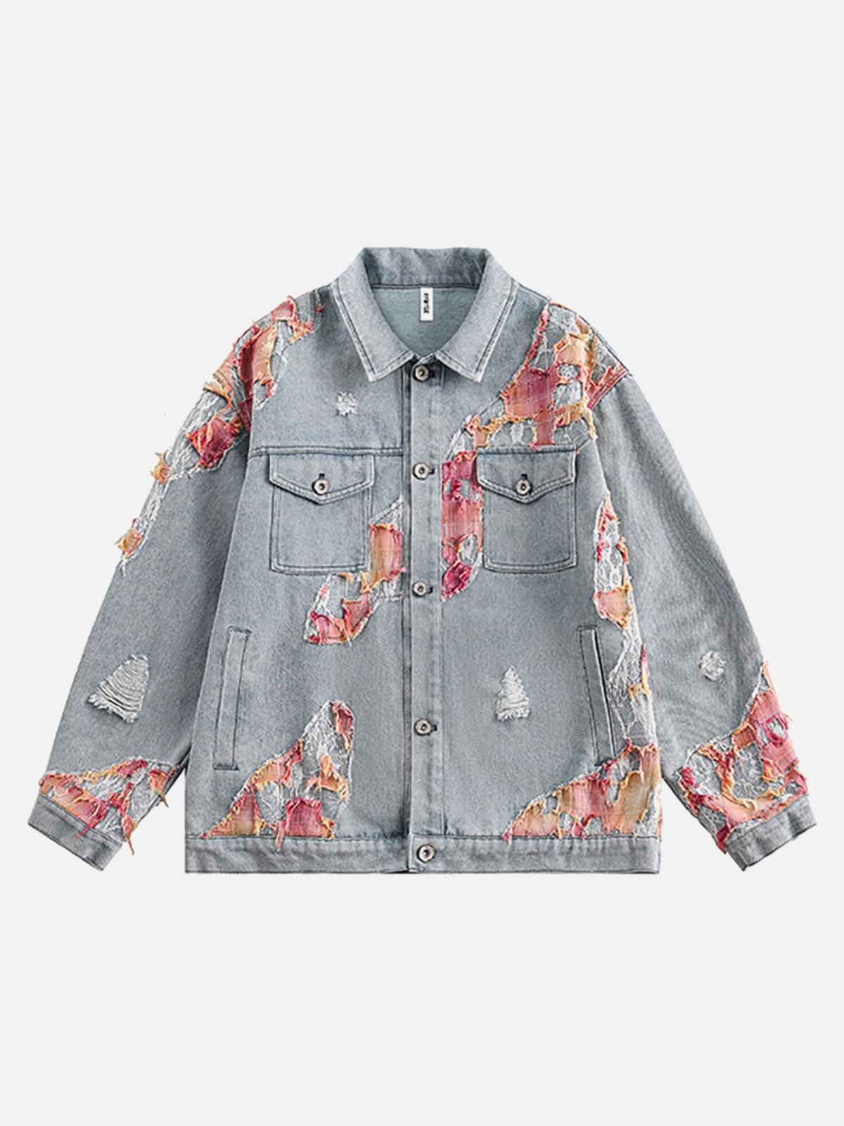 Concert Outfit American Street Style Lace Patchwork Denim Jacket Concert Outfit American Street Style Lace Patchwork Denim Jacket
