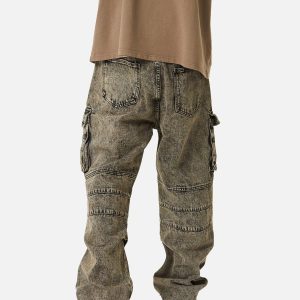 Concert Outfit American Street Style Washed Distressed Work Jeans