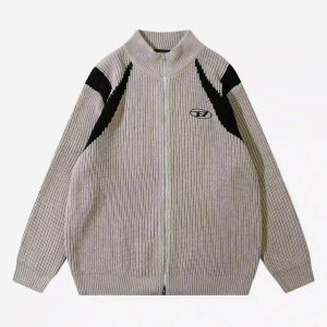 Concert Outfit American Style Color Blocking Zipper Cardigan