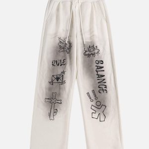 Concert Outfit American Style Spray Painted Letters Washed Casual Sweatpants
