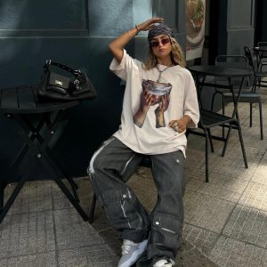 Concert Outfit American Tide Loose Print Round Neck T-Shirt