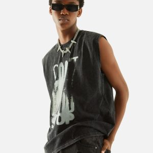 Concert Outfit Art Letter Washed Distressed Vest