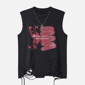 Concert Outfit Asymmetric Distressed Graffiti Chain Vest