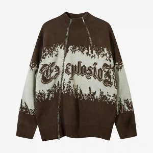 Concert Outfit Asymmetric Jacquard Stitching With Two-Way Zipper Sweater