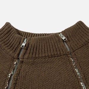 Concert Outfit Asymmetric Jacquard Stitching With Two-Way Zipper Sweater