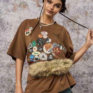 Concert Outfit Badge Print Distressed Short Sleeve T-Shirt
