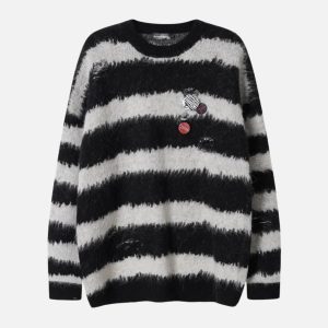 Concert Outfit Badge Striped Ripped Sweater